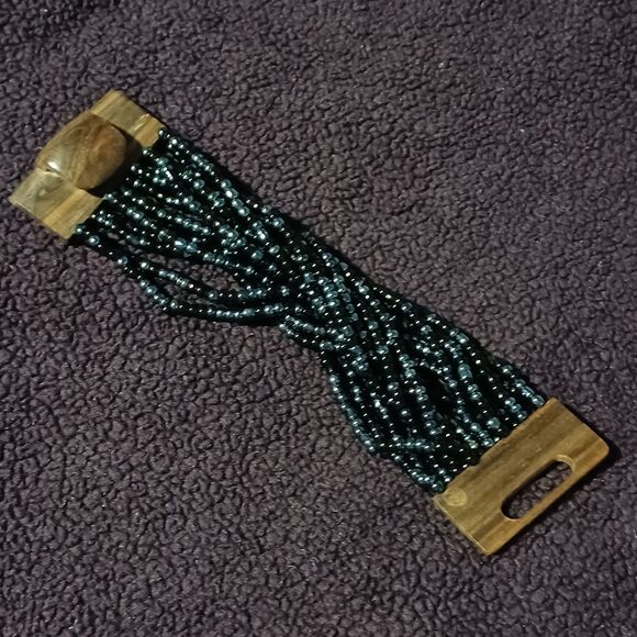 Source Unknown Jewelry - Vintage Multi-Strand Braided Bead Bracelet w/Wooden Hook Clasp